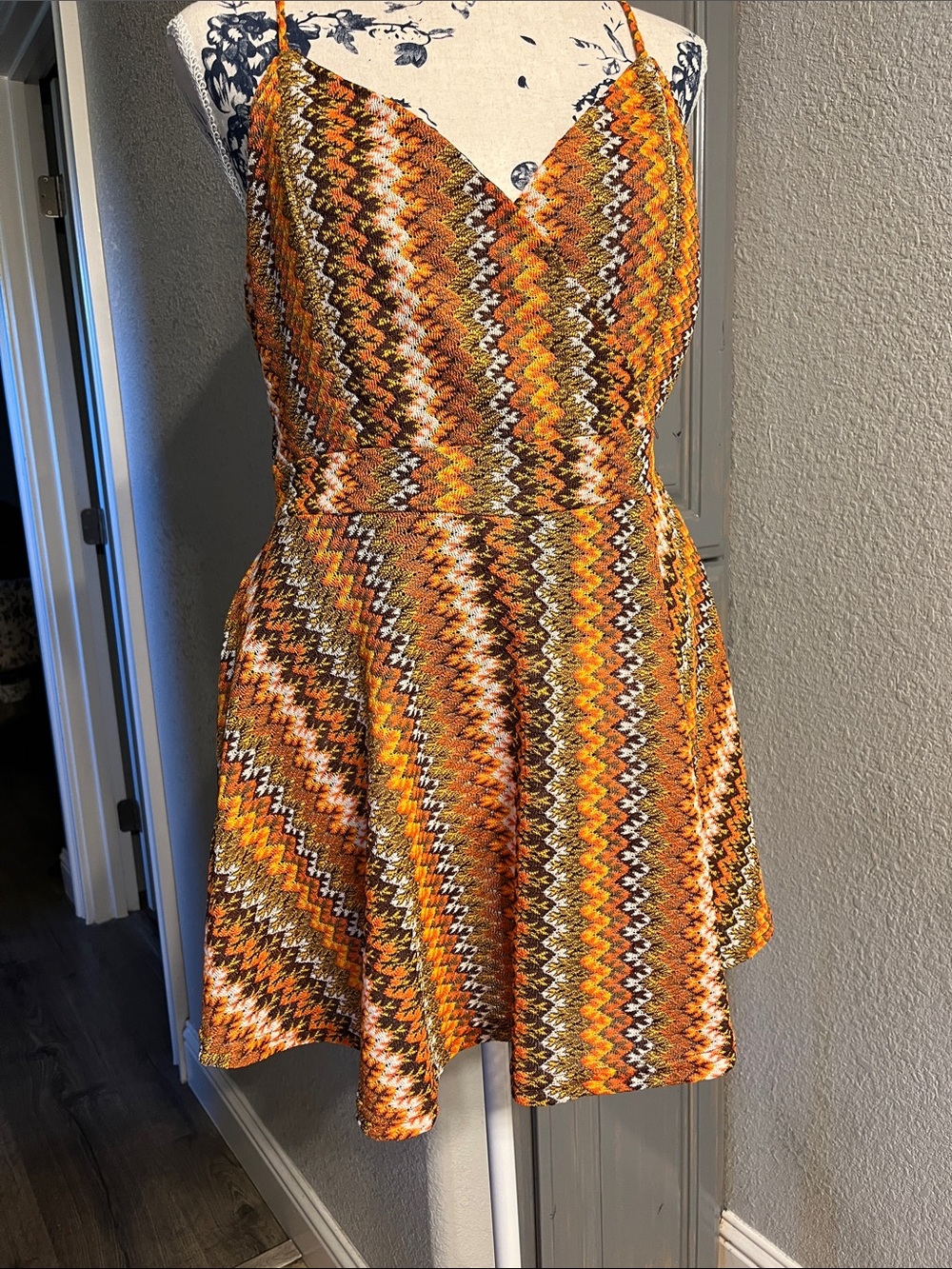 Orange Multicolor Zigzag A-Line Spaghetti Strap Romper